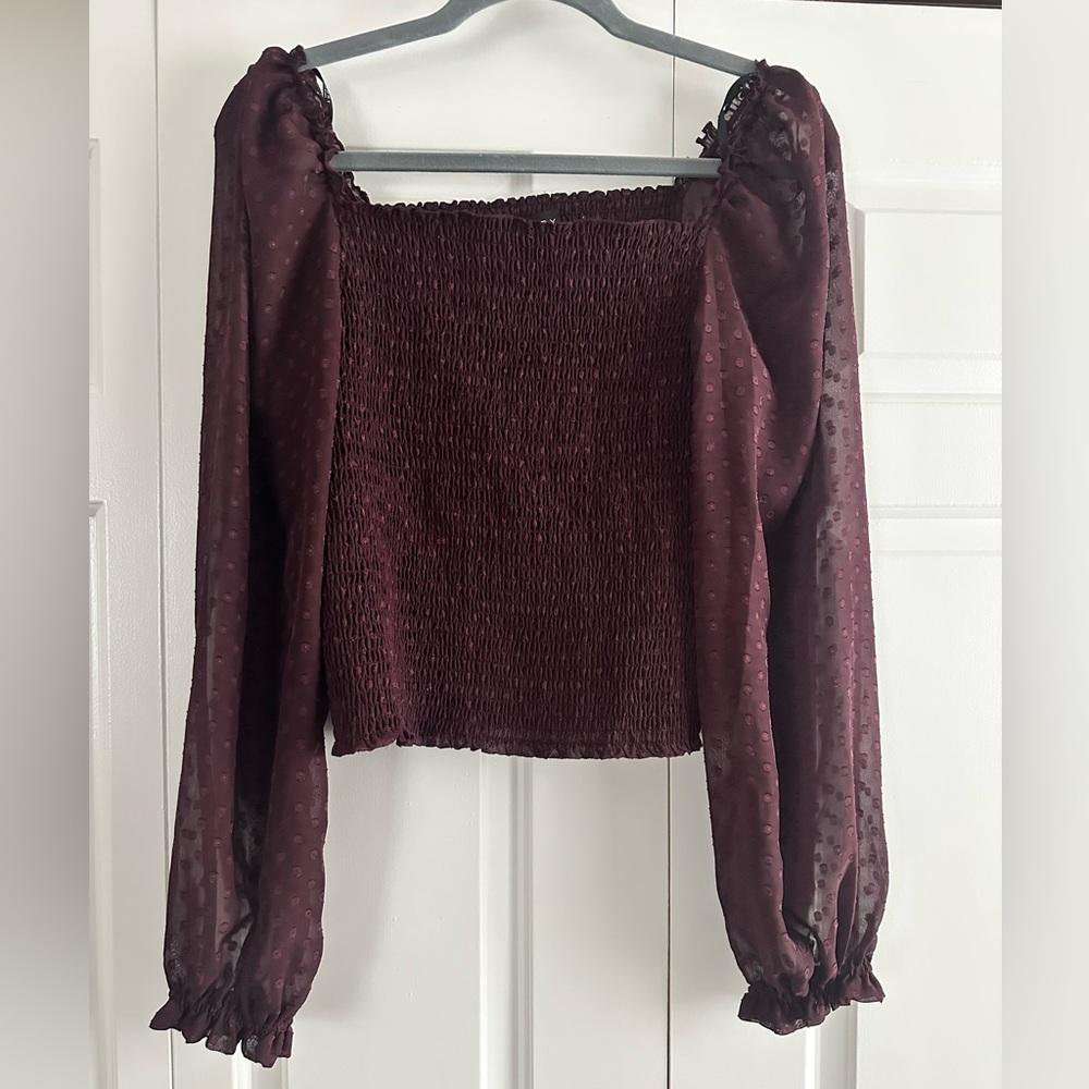 Laundry Burgundy Top with Sheer Sleeves. NWT.